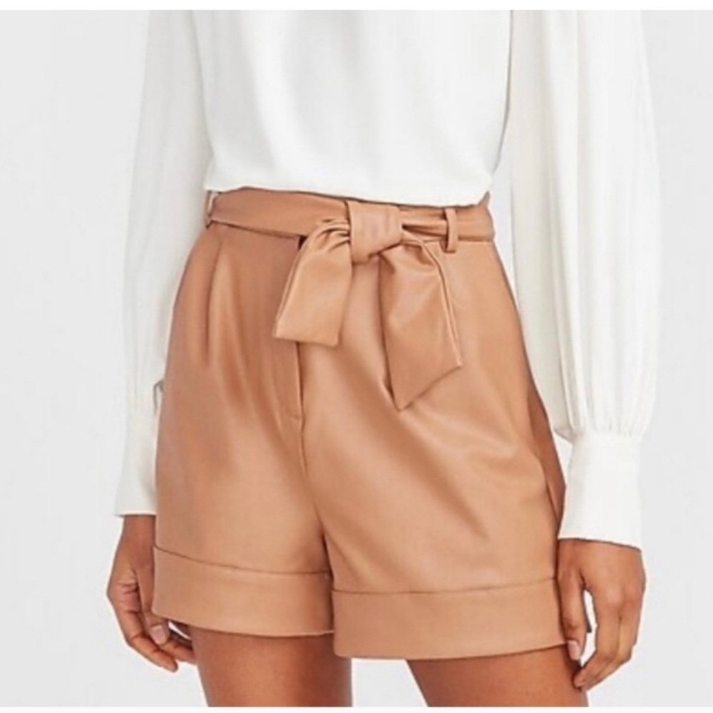 Express High-Waist Faux Leather Tie-Belt Shorts - Tan